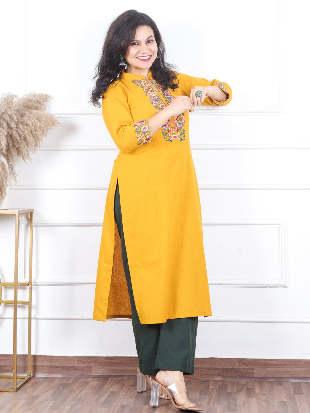 Khawb Amber Yellow Floral Thread Embroidered Neck Cotton Flex Kurti