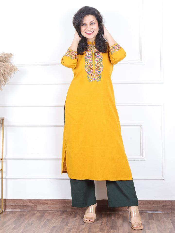 Khawb Amber Yellow Floral Thread Embroidered Neck Cotton Flex Kurti