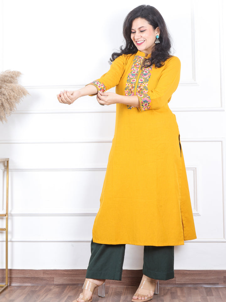 Khawb Amber Yellow Floral Thread Embroidered Neck Cotton Flex Kurti