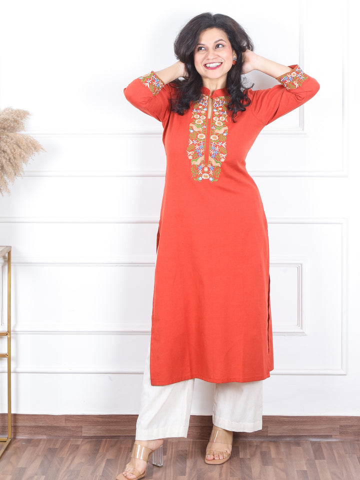 Khawb Portland Orange Floral Thread Embroidered Neck Cotton Flex Kurti