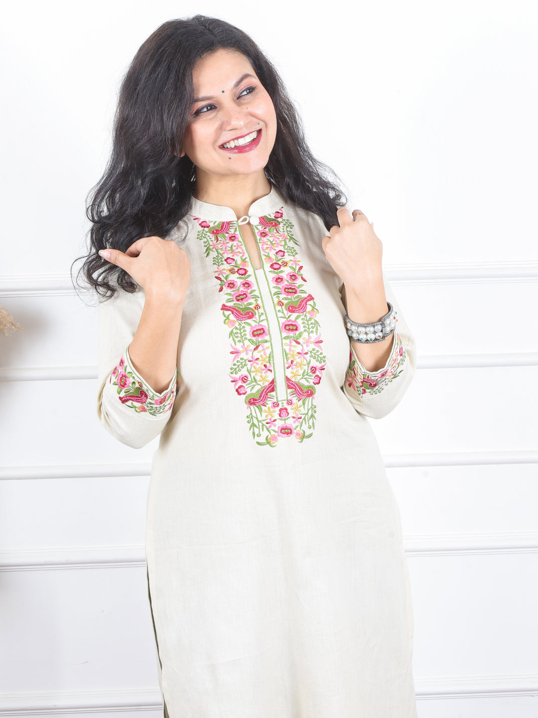 Khawb Buttercream Latte Floral Thread Embroidered Neck Cotton Flex Kurti