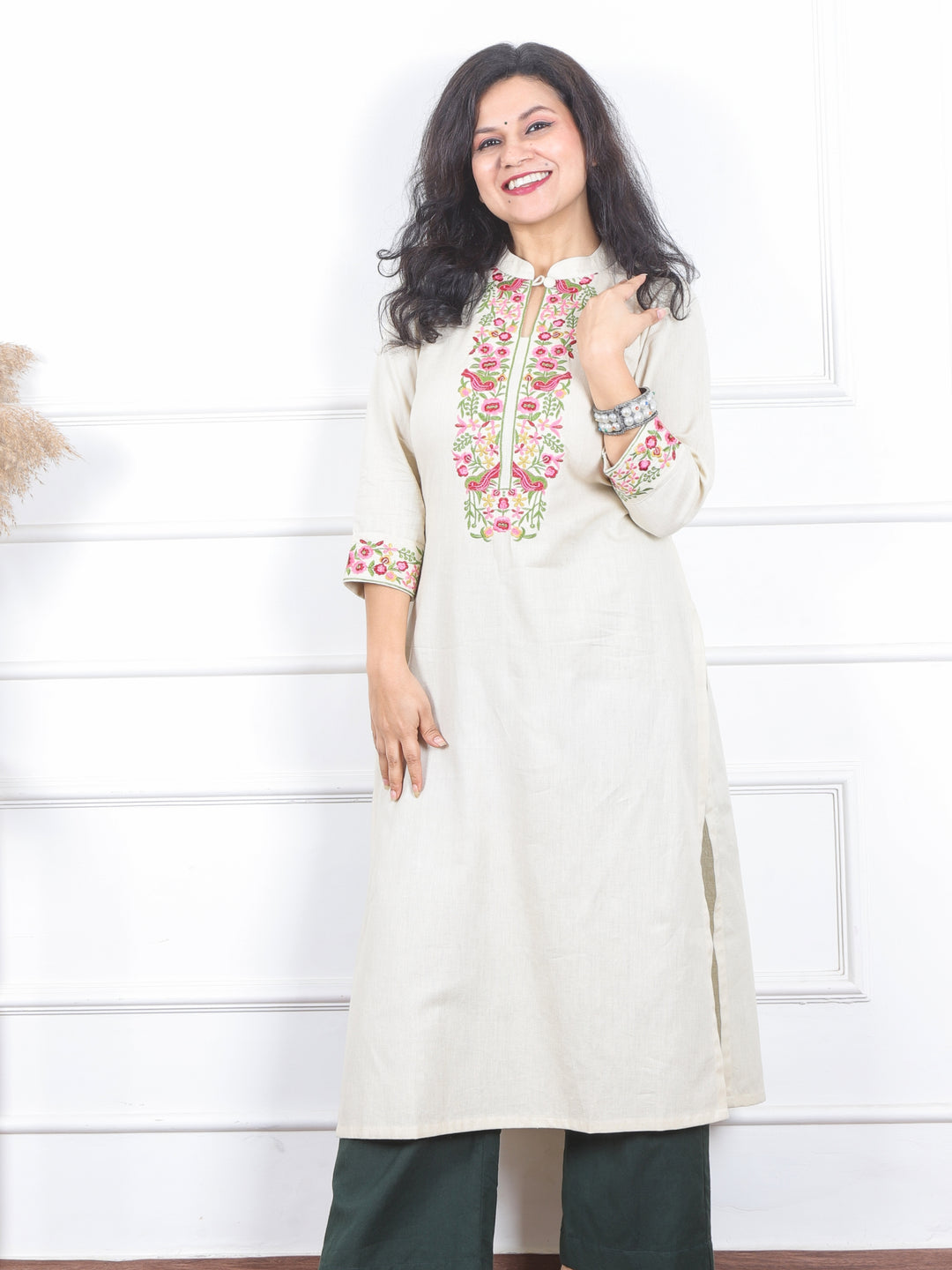 Khawb Buttercream Latte Floral Thread Embroidered Neck Cotton Flex Kurti