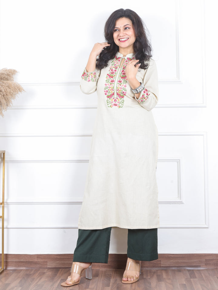 Khawb Buttercream Latte Floral Thread Embroidered Neck Cotton Flex Kurti