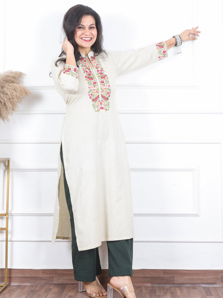 Khawb Buttercream Latte Floral Thread Embroidered Neck Cotton Flex Kurti