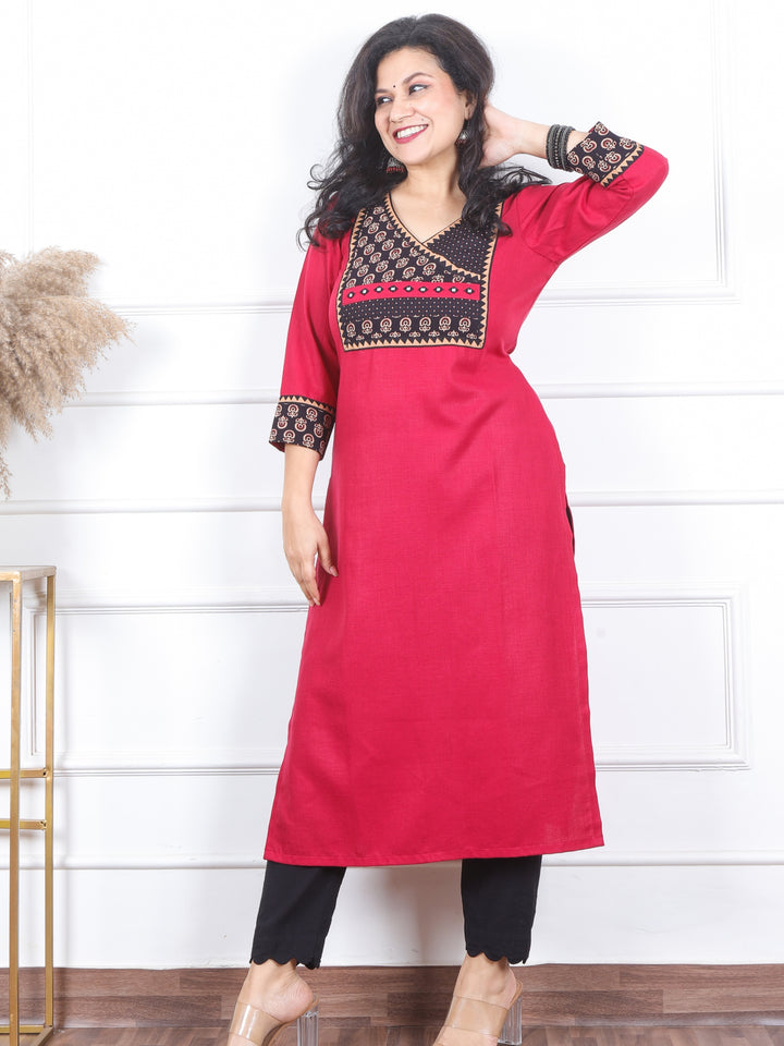 Dua Peony Pink with Ajrak Print Patch on Angrakha Style Neck Magic Linen Kurti