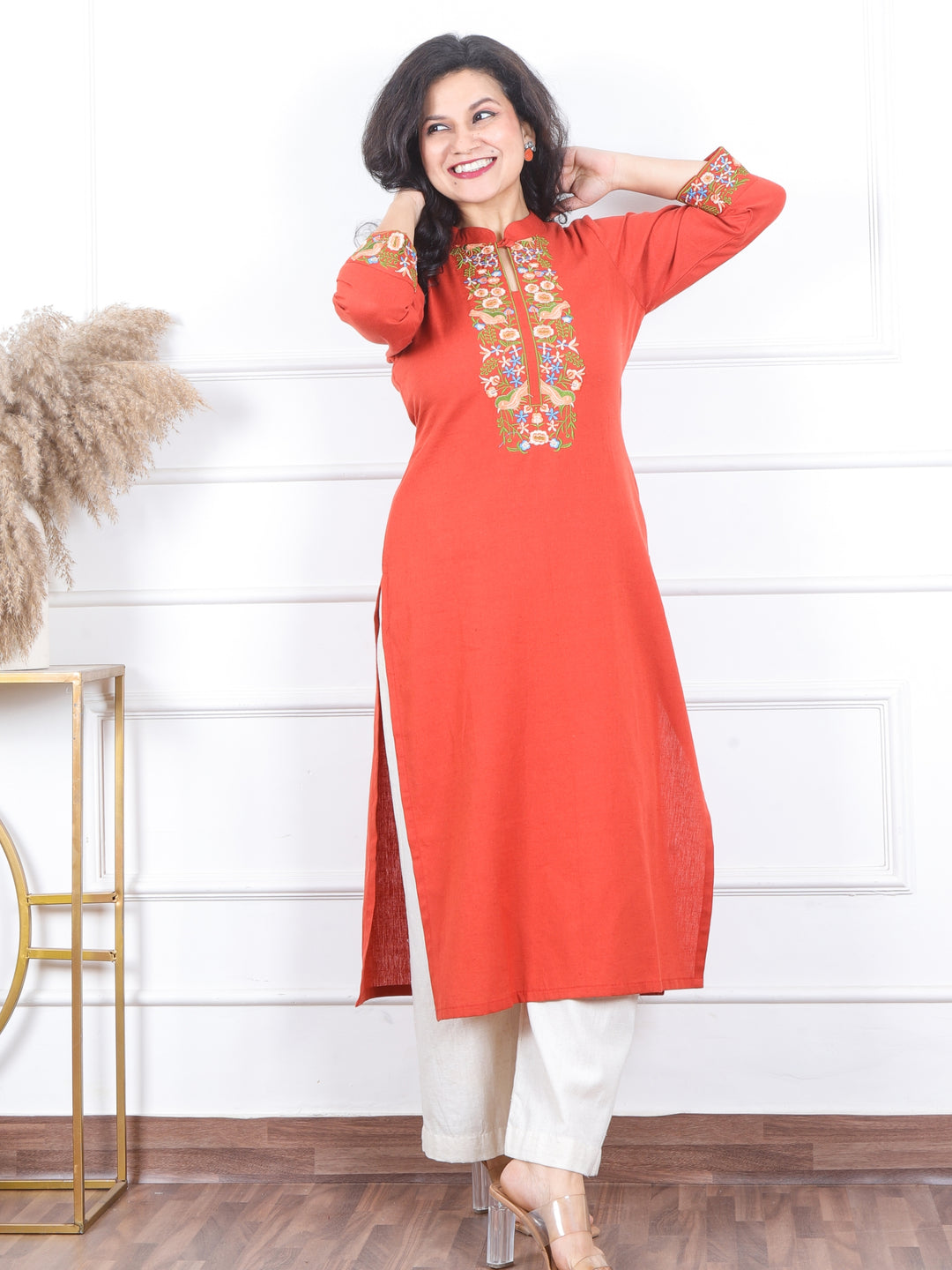 Khawb Portland Orange Floral Thread Embroidered Neck Cotton Flex Kurti