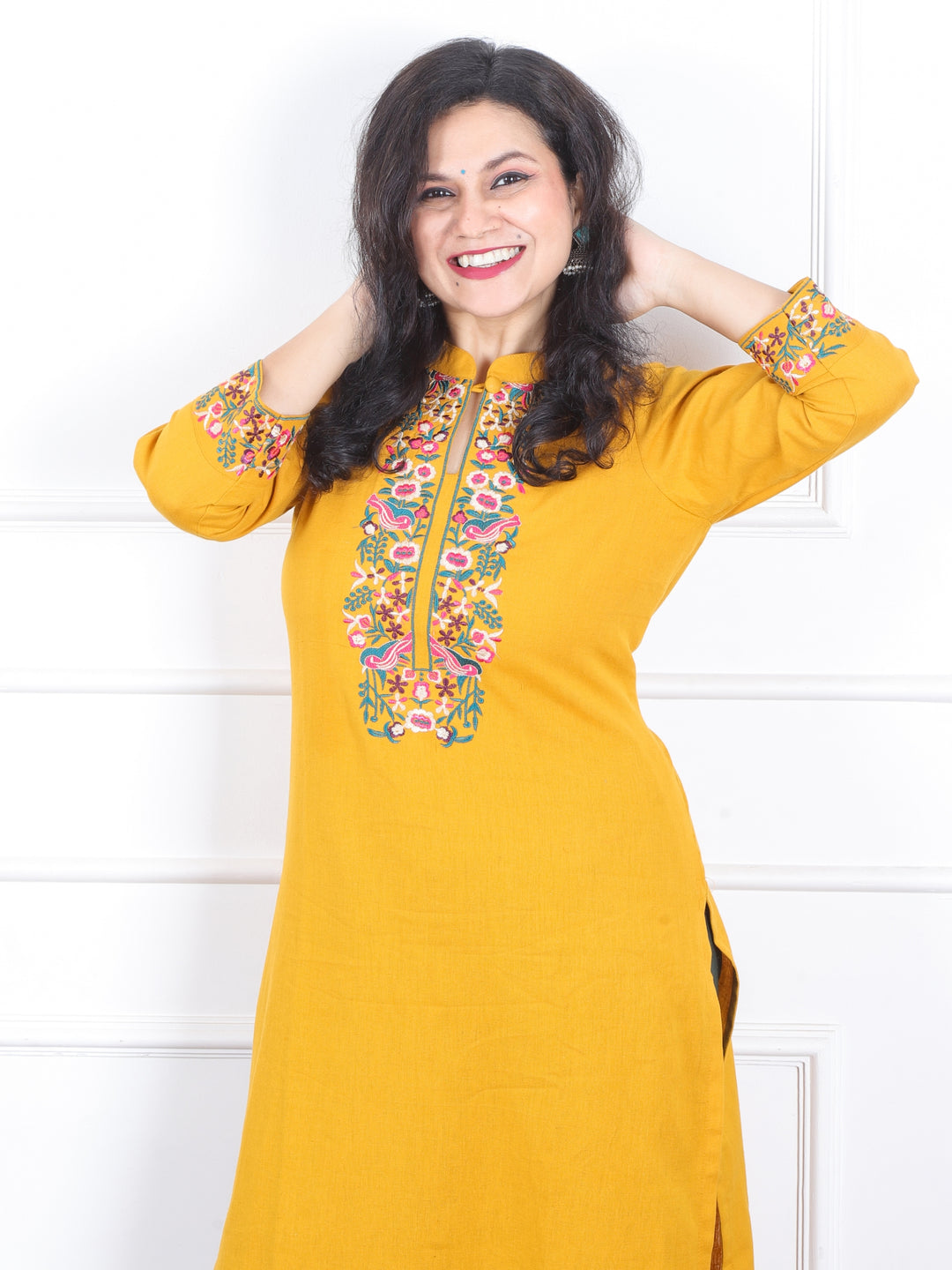 Khawb Amber Yellow Floral Thread Embroidered Neck Cotton Flex Kurti