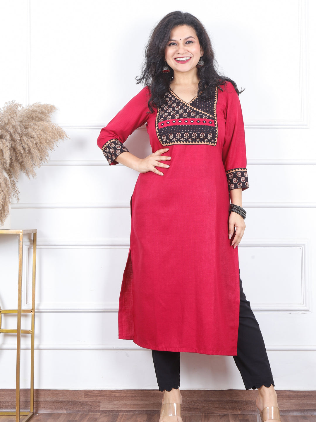 Dua Peony Pink with Ajrak Print Patch on Angrakha Style Neck Magic Linen Kurti