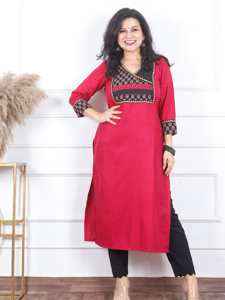 Dua Peony Pink with Ajrak Print Patch on Angrakha Style Neck Magic Linen Kurti