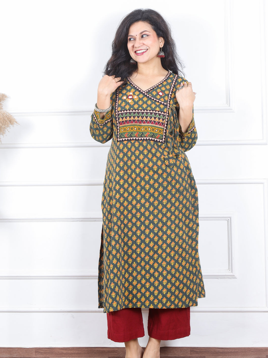 Raavi Dark Green Angrakha Style Neck Work Print Cotton Kurti-D2