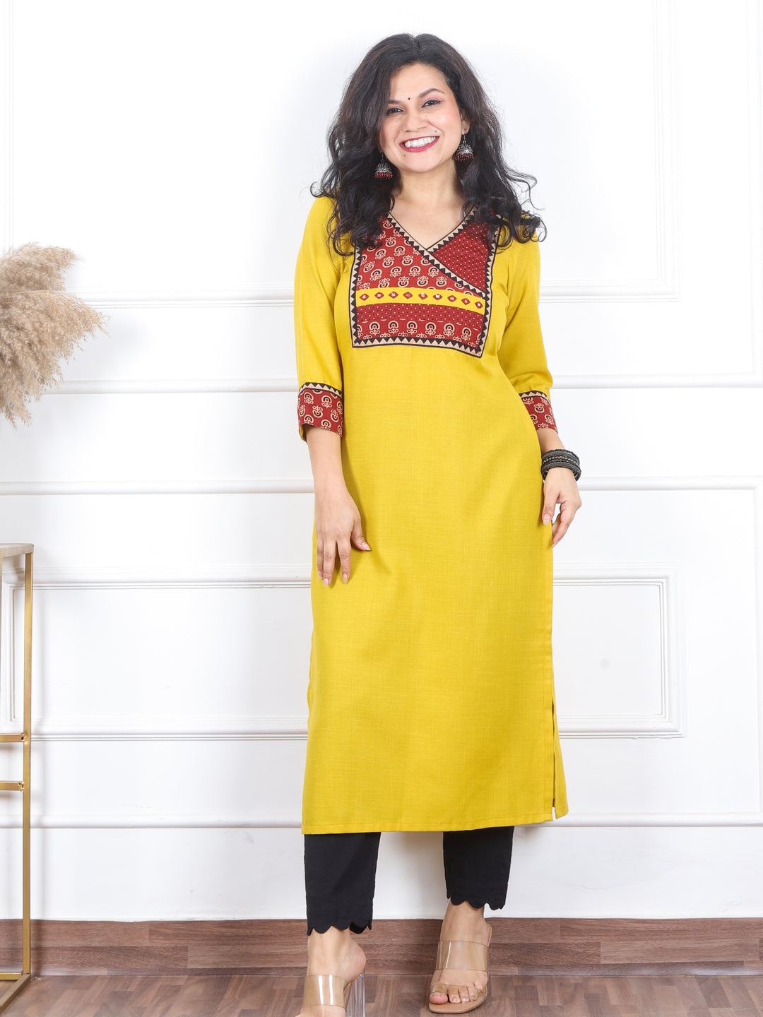 Dua Amber Yellow with Ajrak Print Patch on Angrakha Style Neck Magic Linen Kurti