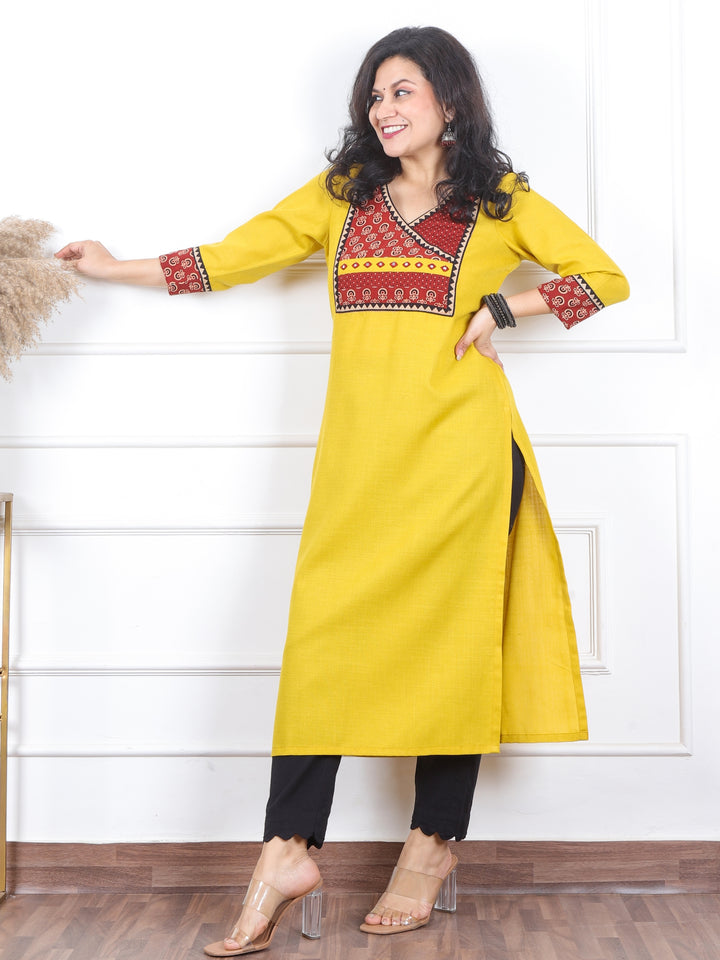 Dua Amber Yellow with Ajrak Print Patch on Angrakha Style Neck Magic Linen Kurti