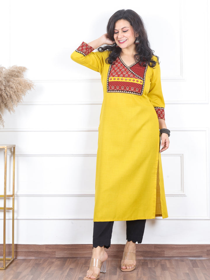 Dua Amber Yellow with Ajrak Print Patch on Angrakha Style Neck Magic Linen Kurti