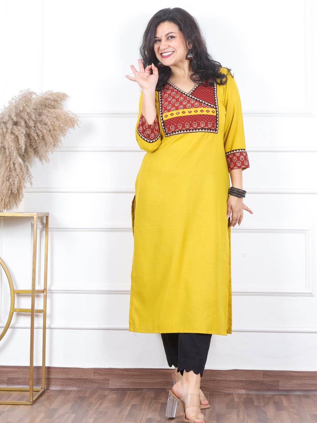 Dua Amber Yellow with Ajrak Print Patch on Angrakha Style Neck Magic Linen Kurti