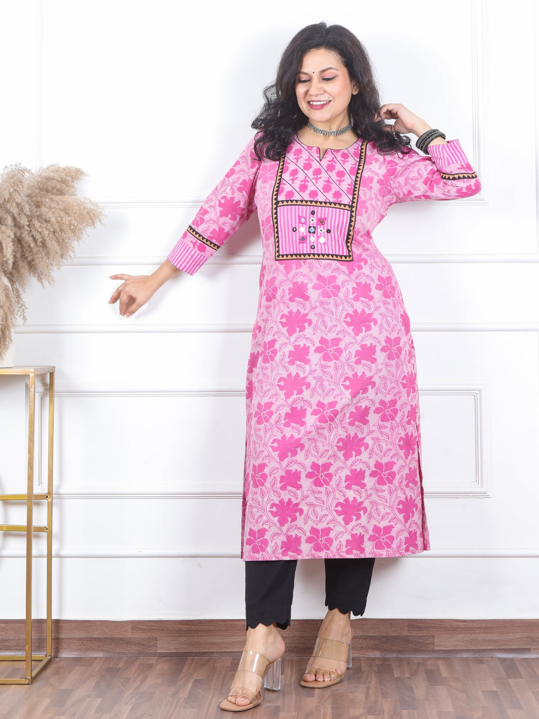 Kranti Rosy Pink in Mirror Work Detailing Neck Dabu Print Cotton Kurti