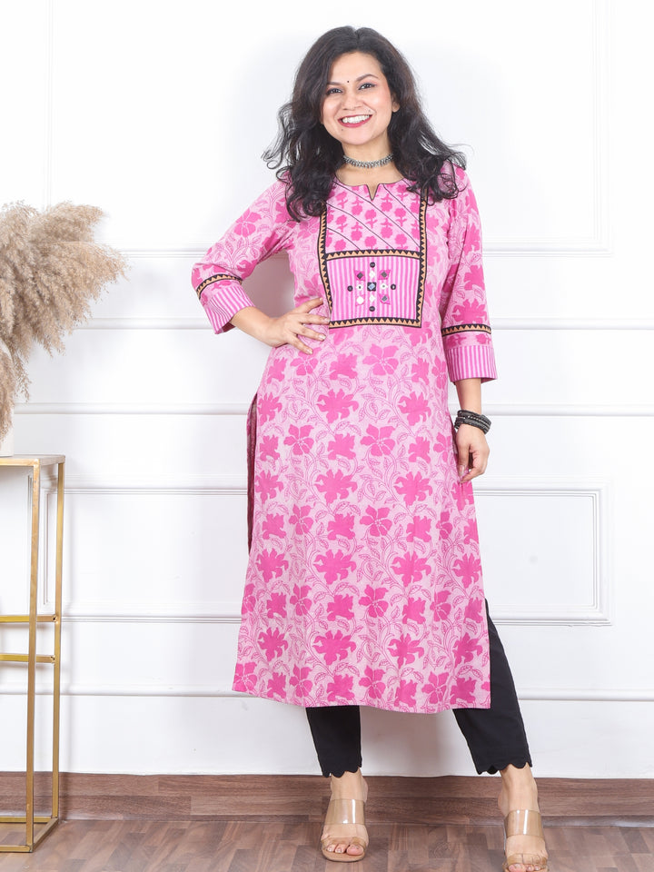 Kranti Rosy Pink in Mirror Work Detailing Neck Dabu Print Cotton Kurti