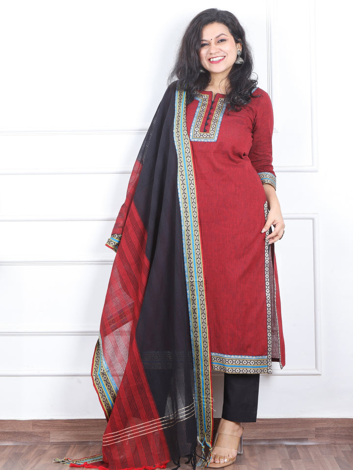 Iktaara Blood Red Mangalgiri Hem in South Cotton 3 Piece Set