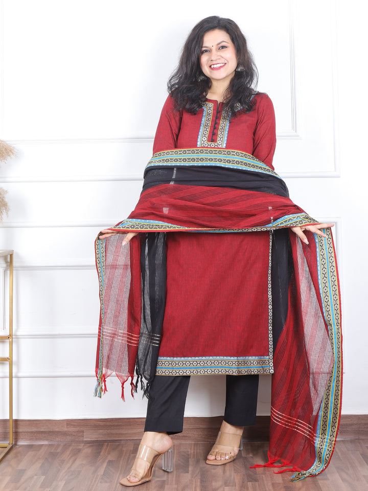 Iktaara Blood Red Mangalgiri Hem in South Cotton 3 Piece Set