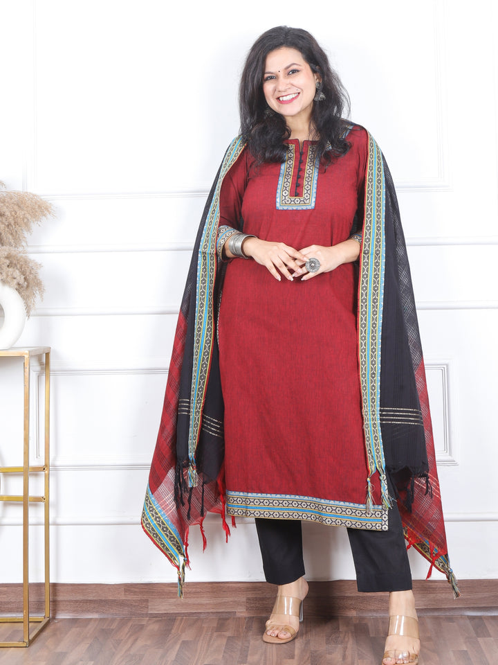 Iktaara Blood Red Mangalgiri Hem in South Cotton 3 Piece Set