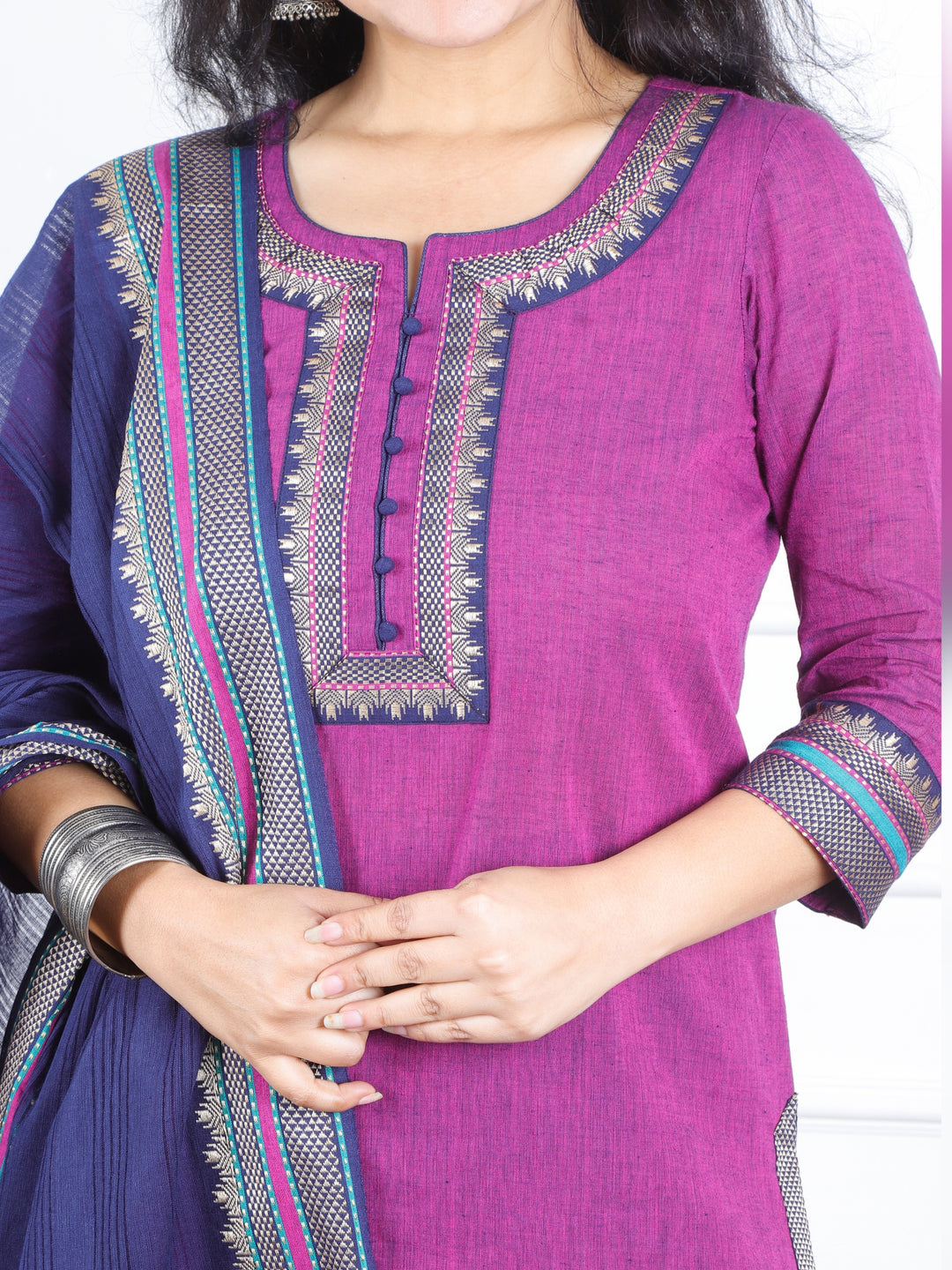 Iktaara Purple with Denim Blue Dupatta South Cotton Temple Hem 3 Piece Set