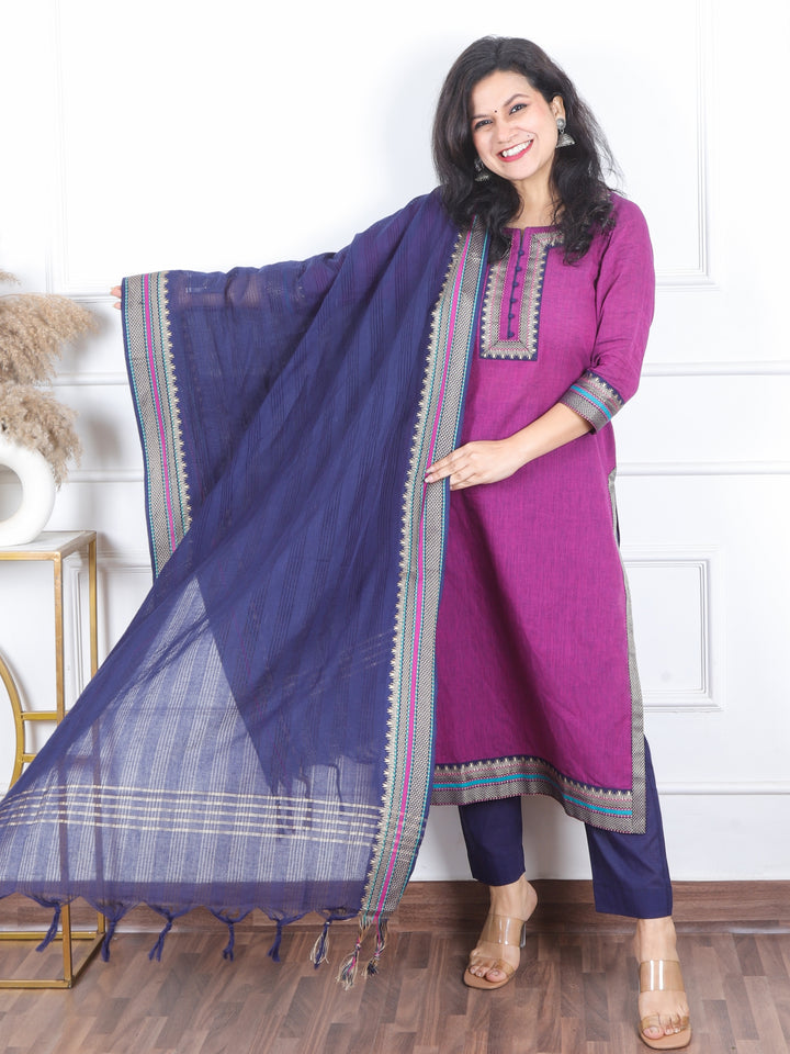 Iktaara Purple with Denim Blue Dupatta South Cotton Temple Hem 3 Piece Set