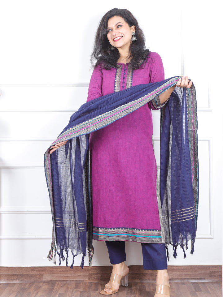 Iktaara Purple with Denim Blue Dupatta South Cotton Temple Hem 3 Piece Set