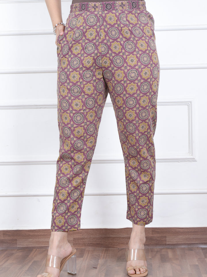 Kranti Beige with Blueberry Ajrak Printed Kantha Cotton Trouser