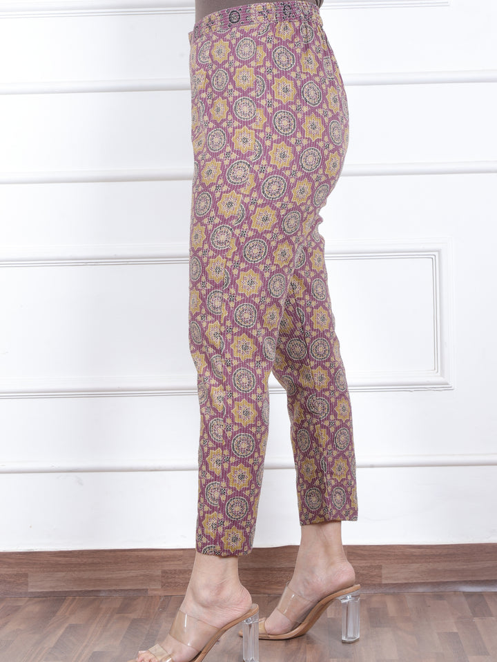 Kranti Beige with Blueberry Ajrak Printed Kantha Cotton Trouser