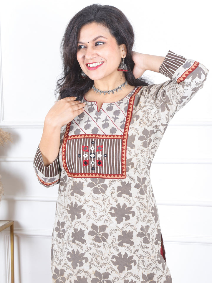 Kranti Hazel Beige in Mirror Work Detailing Neck Dabu Print Cotton Kurti