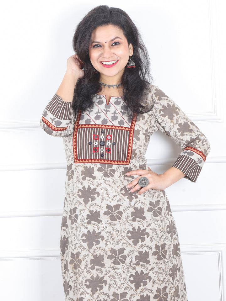 Kranti Hazel Beige in Mirror Work Detailing Neck Dabu Print Cotton Kurti