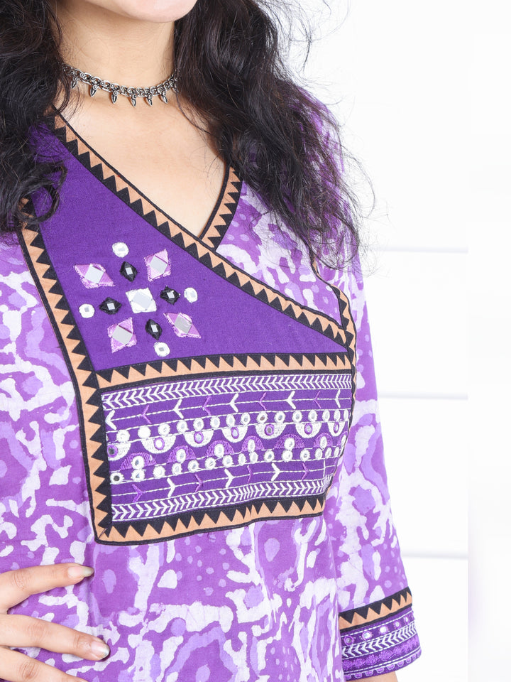 Kranti Orchid Purple in Angrakha Neck with Mirror Work Dabu Print Cotton Kurti