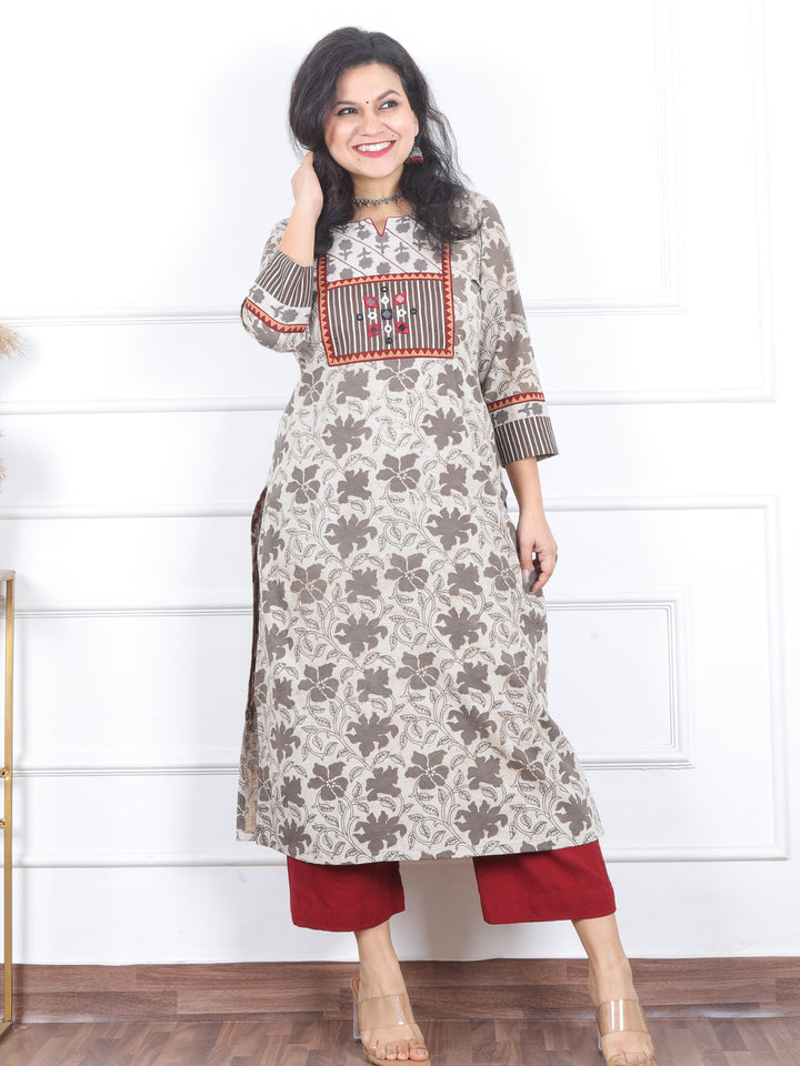 Kranti Hazel Beige in Mirror Work Detailing Neck Dabu Print Cotton Kurti