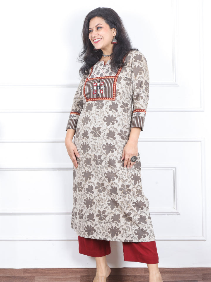 Kranti Hazel Beige in Mirror Work Detailing Neck Dabu Print Cotton Kurti