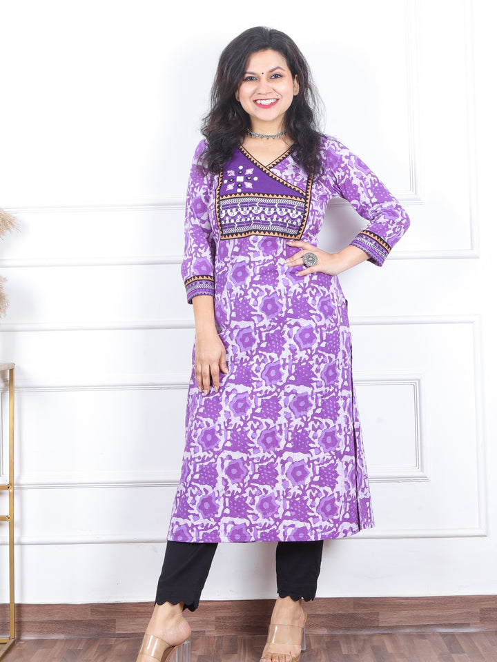 Kranti Orchid Purple in Angrakha Neck with Mirror Work Dabu Print Cotton Kurti