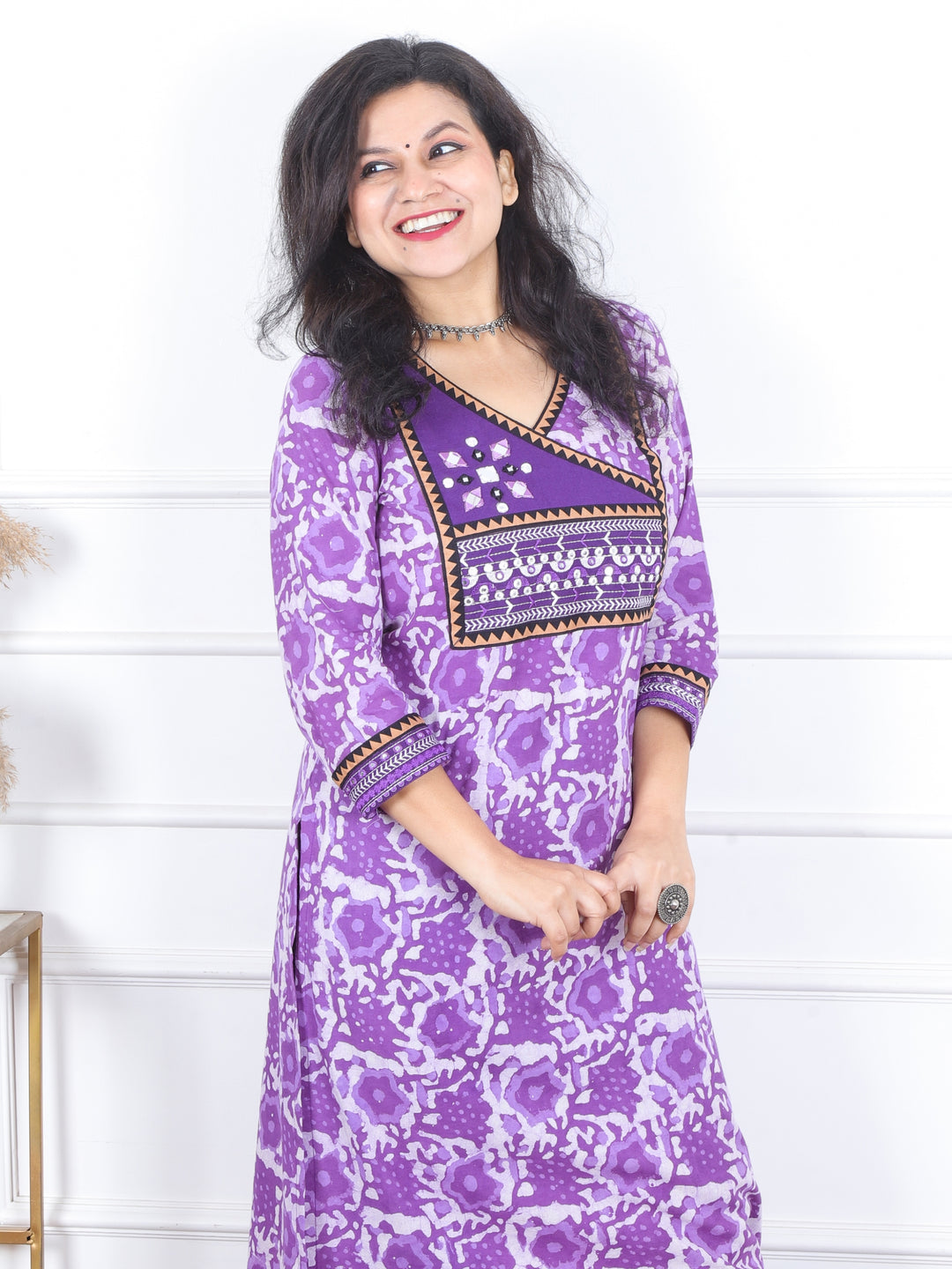 Kranti Orchid Purple in Angrakha Neck with Mirror Work Dabu Print Cotton Kurti