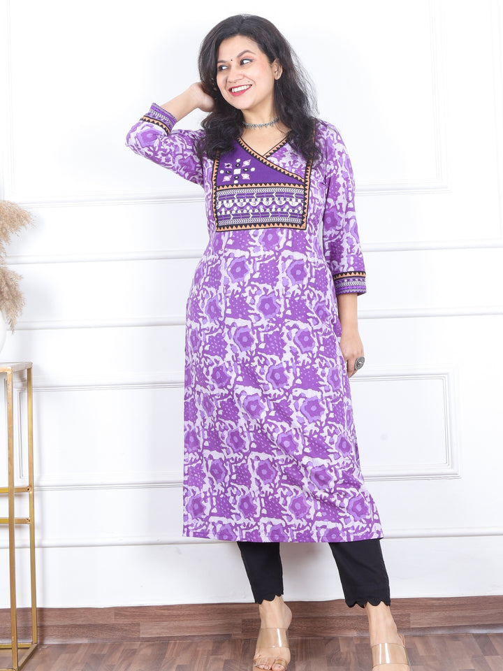 Kranti Orchid Purple in Angrakha Neck with Mirror Work Dabu Print Cotton Kurti