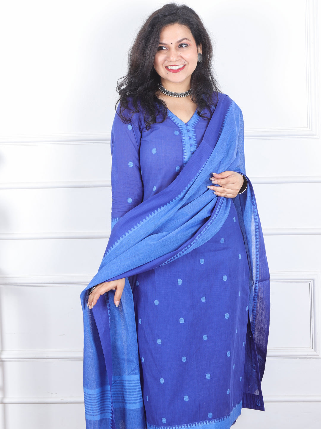 Iktaara Electric Blue Weaved South Cotton Temple Hem 3 Piece Set