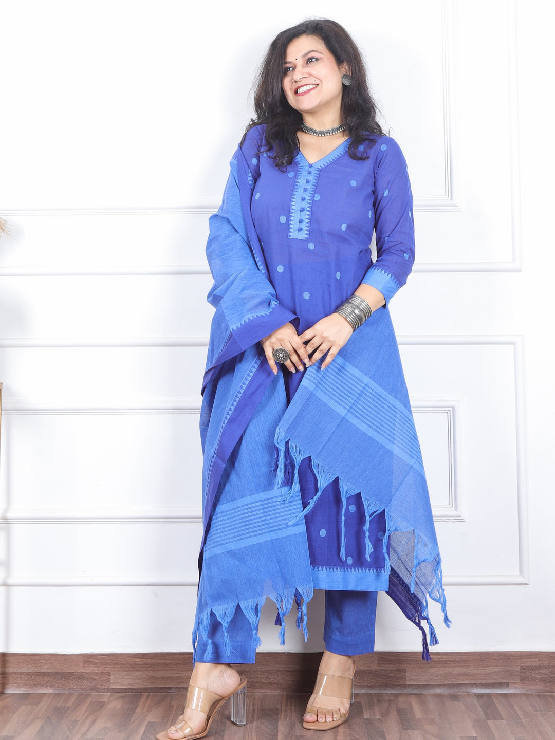 Iktaara Electric Blue Weaved South Cotton Temple Hem 3 Piece Set