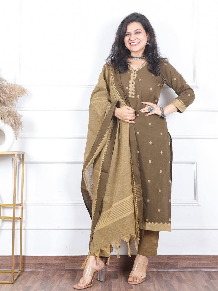 Iktaara Olive Green Weaved South Cotton Temple Hem 3 Piece Set