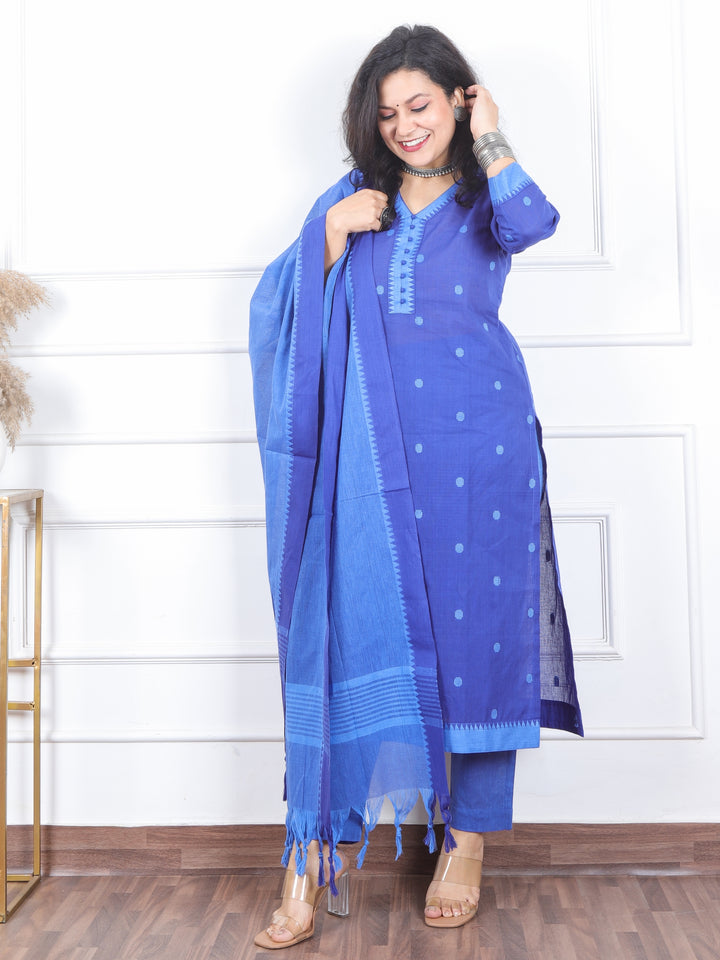 Iktaara Electric Blue Weaved South Cotton Temple Hem 3 Piece Set