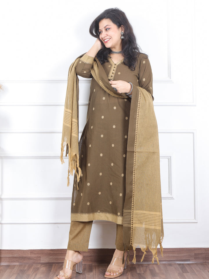 Iktaara Olive Green Weaved South Cotton Temple Hem 3 Piece Set