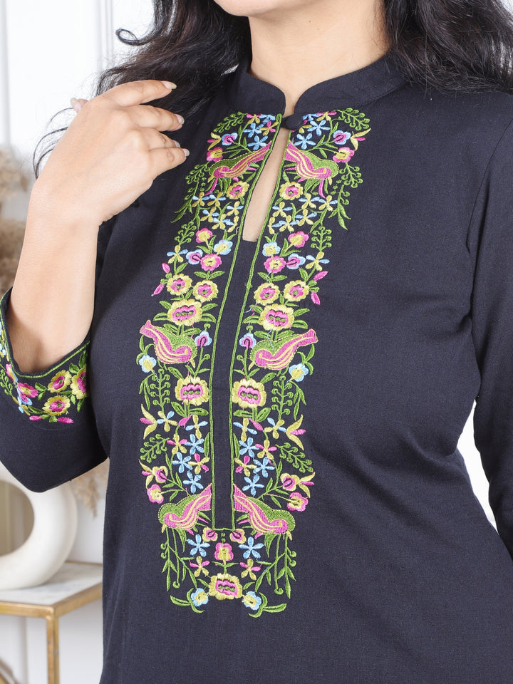 Khawb Onyx Black Floral Thread Embroidered Neck Cotton Flex Kurti