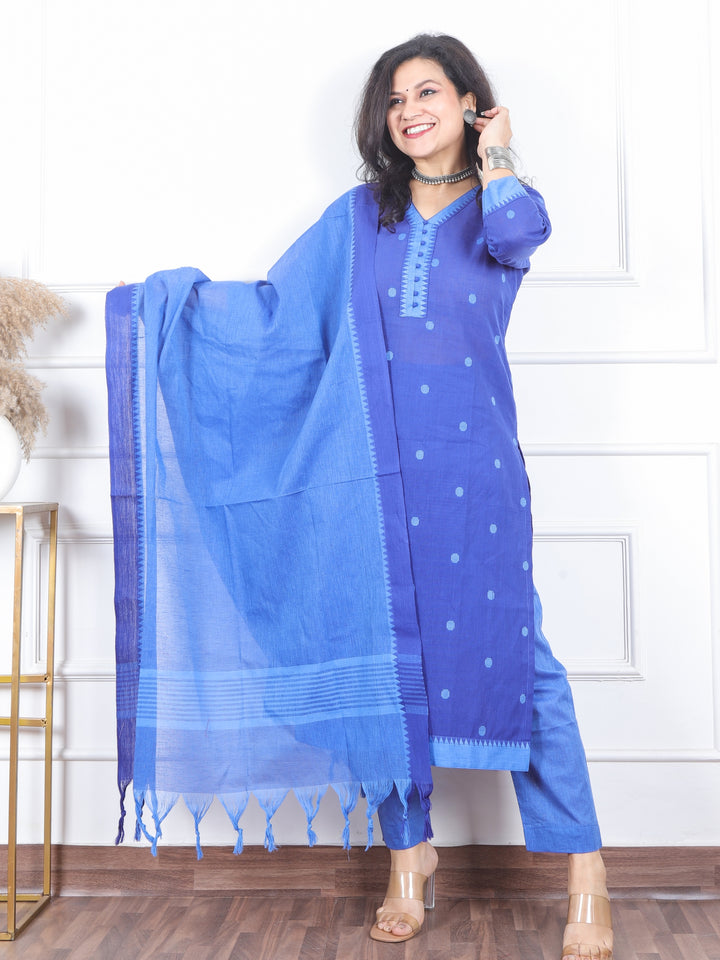 Iktaara Electric Blue Weaved South Cotton Temple Hem 3 Piece Set