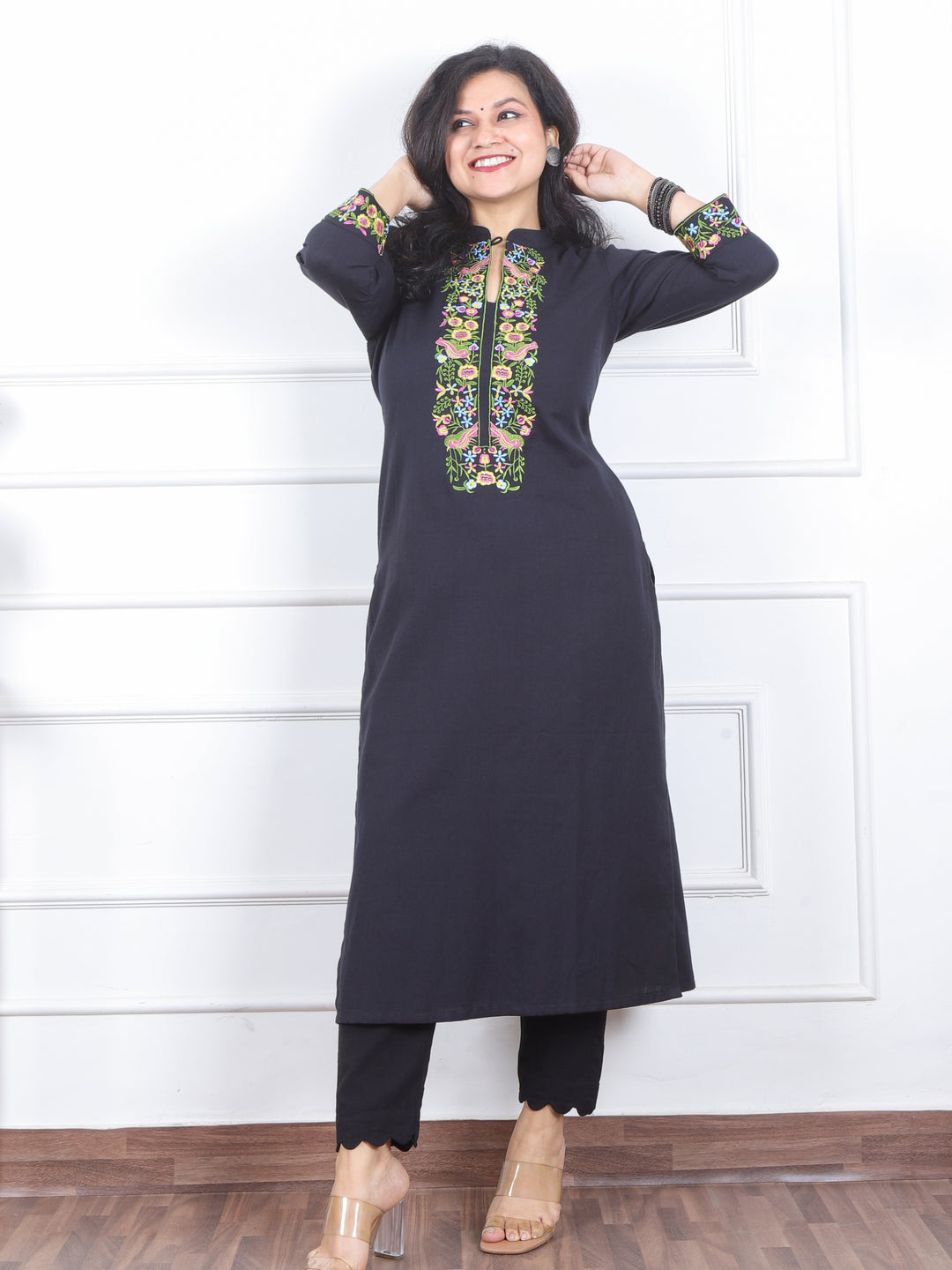 Khawb Onyx Black Floral Thread Embroidered Neck Cotton Flex Kurti