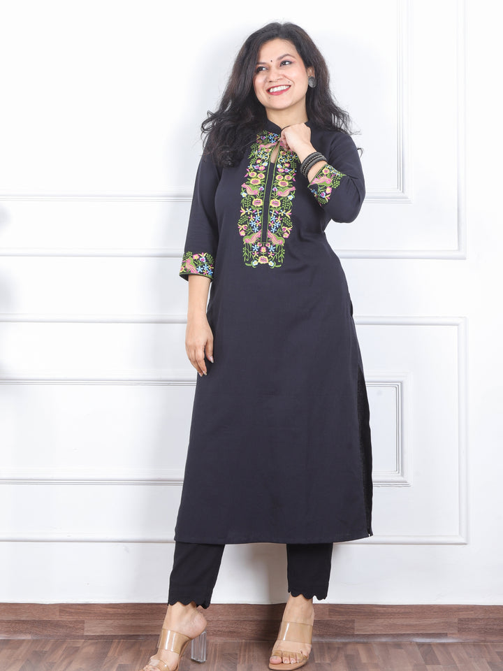 Khawb Onyx Black Floral Thread Embroidered Neck Cotton Flex Kurti