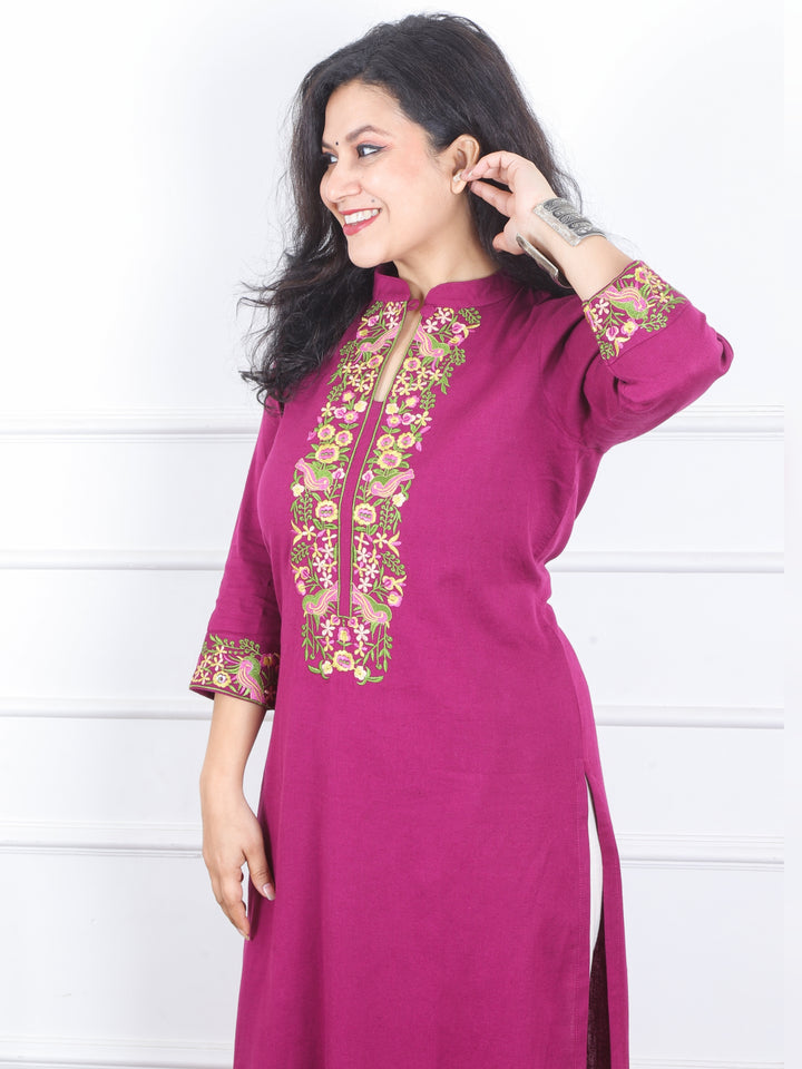 Khawb Berry Purple Floral Thread Embroidered Neck Cotton Flex Kurti