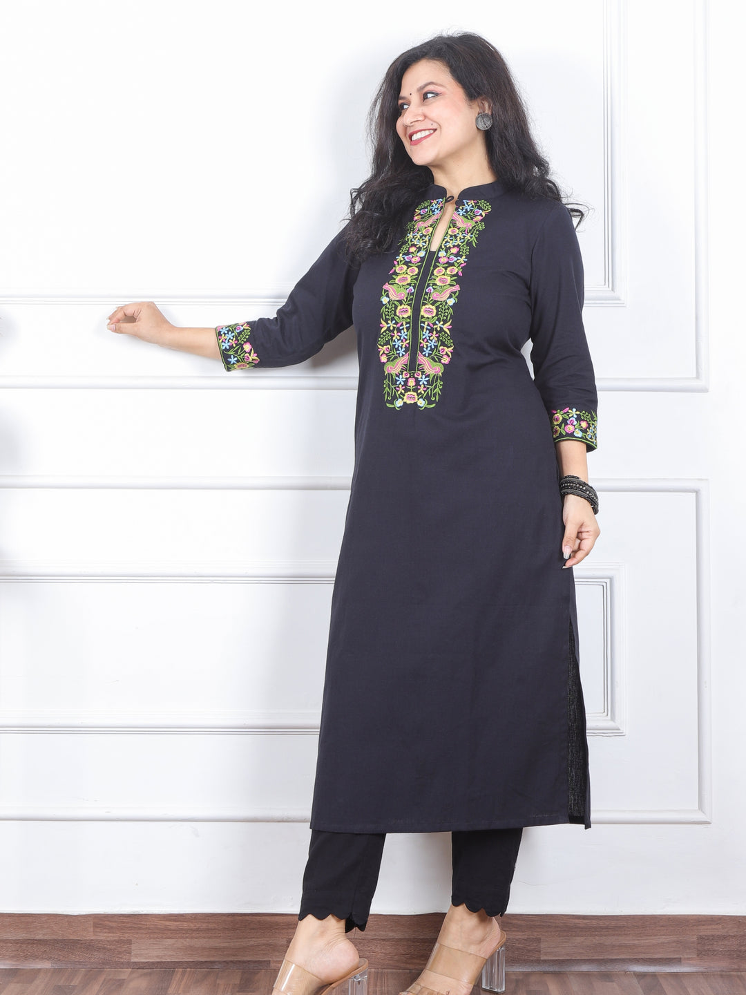 Khawb Onyx Black Floral Thread Embroidered Neck Cotton Flex Kurti