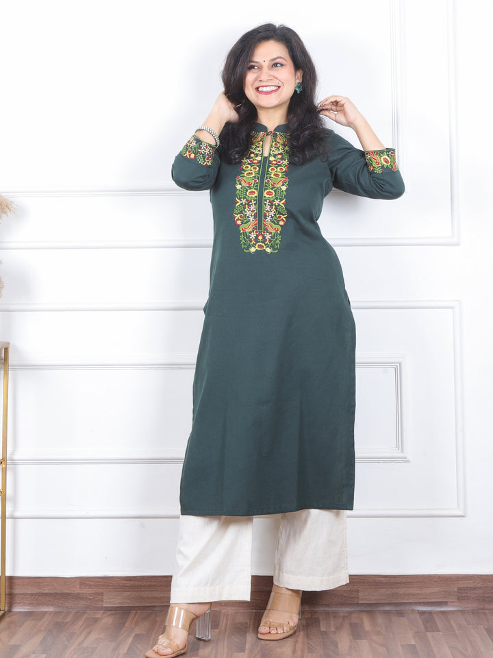 Khawb Pine Green Floral Thread Embroidered Neck Cotton Flex Kurti