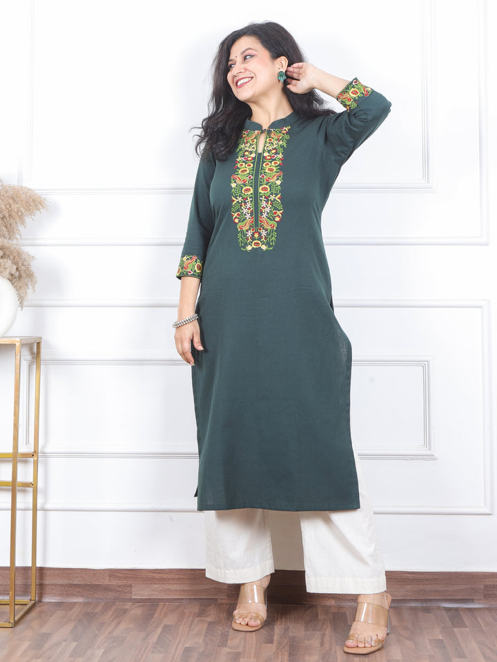 Khawb Pine Green Floral Thread Embroidered Neck Cotton Flex Kurti