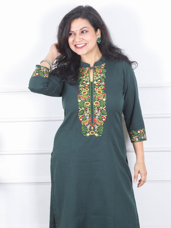 Khawb Pine Green Floral Thread Embroidered Neck Cotton Flex Kurti